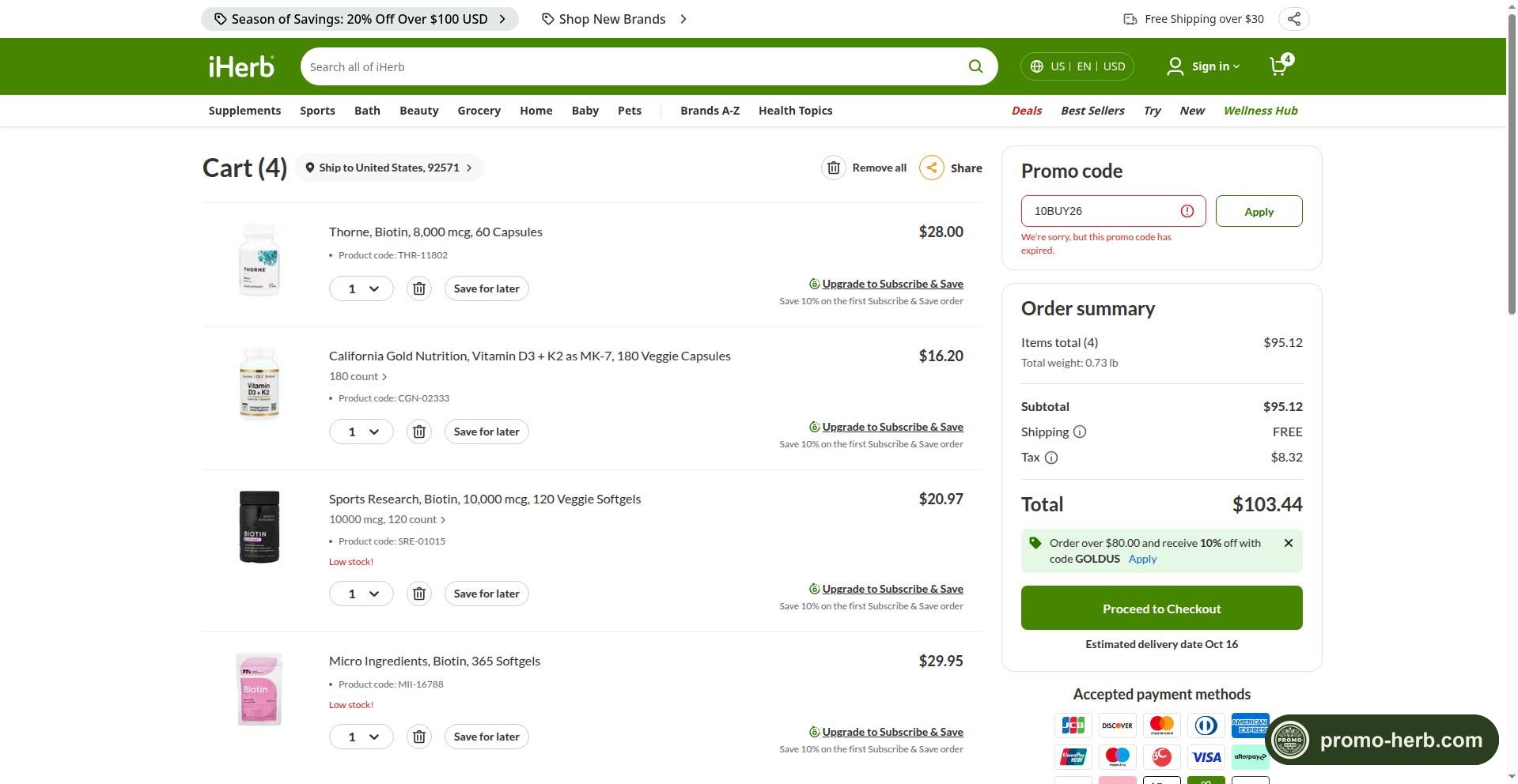 Скриншот проверки промокода 10BUY26 в корзине iHerb