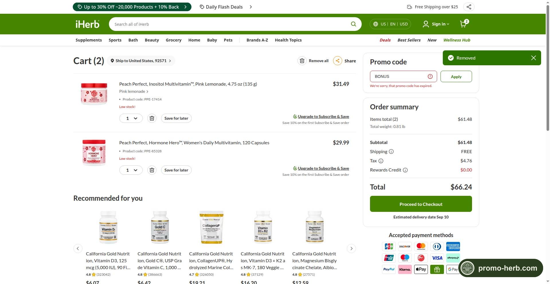 Скриншот проверки промокода BONUS в корзине iHerb