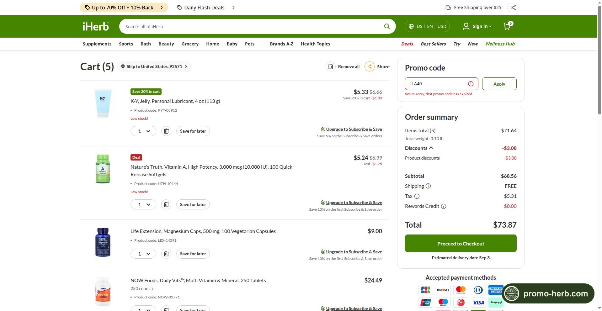 Скриншот проверки промокода ILA40 в корзине iHerb