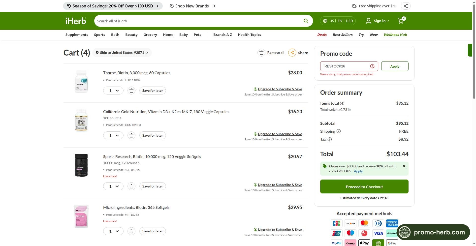 Скриншот проверки промокода RESTOCK26 в корзине iHerb