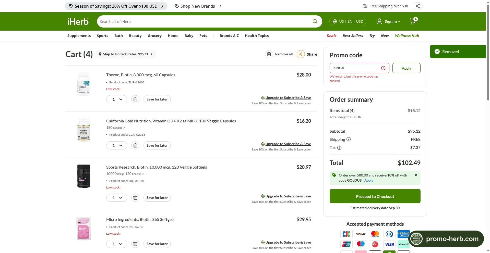 Скриншот проверки промокода SNB40 в корзине iHerb